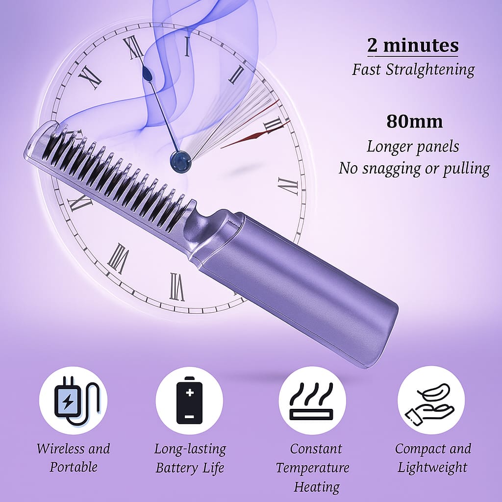 MeneFlix 2-in-1 Portable Hot Comb & Hair Straightener | Cordless, Rechargeable & Travel-Friendly